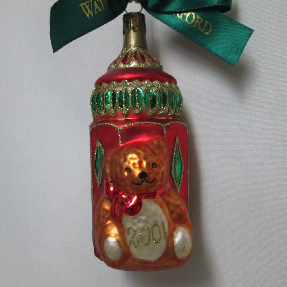 Waterford Vintage blown glass Baby's First Bottle Teddy Bear Ornament 2001